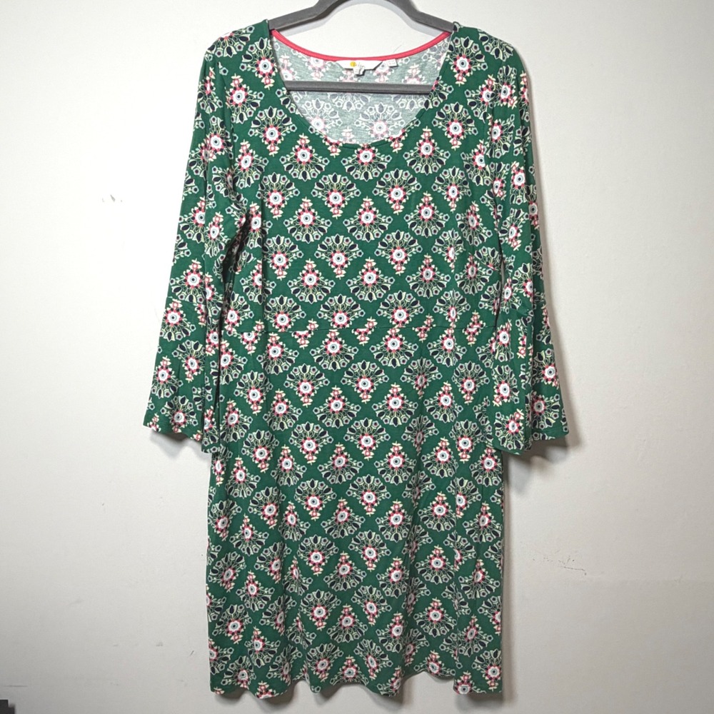 Boden Green Floral Medallion Jersey Dress Bell Sleeve Casual Chic Cottagecore 12